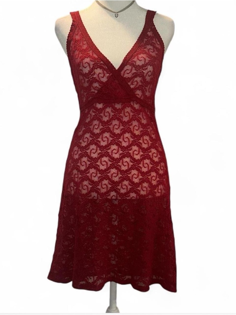 delicates cherry red  Lace V-Neck Chemise Slip  will fit large has stretch